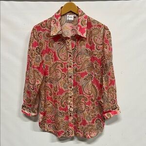 Finley Pink Paisley Print Button Front Blouse Silk Blend Women’s L
